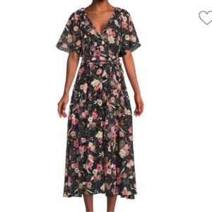 Floral Wrap Midi Dress in Black with Pink and Cream Blooms